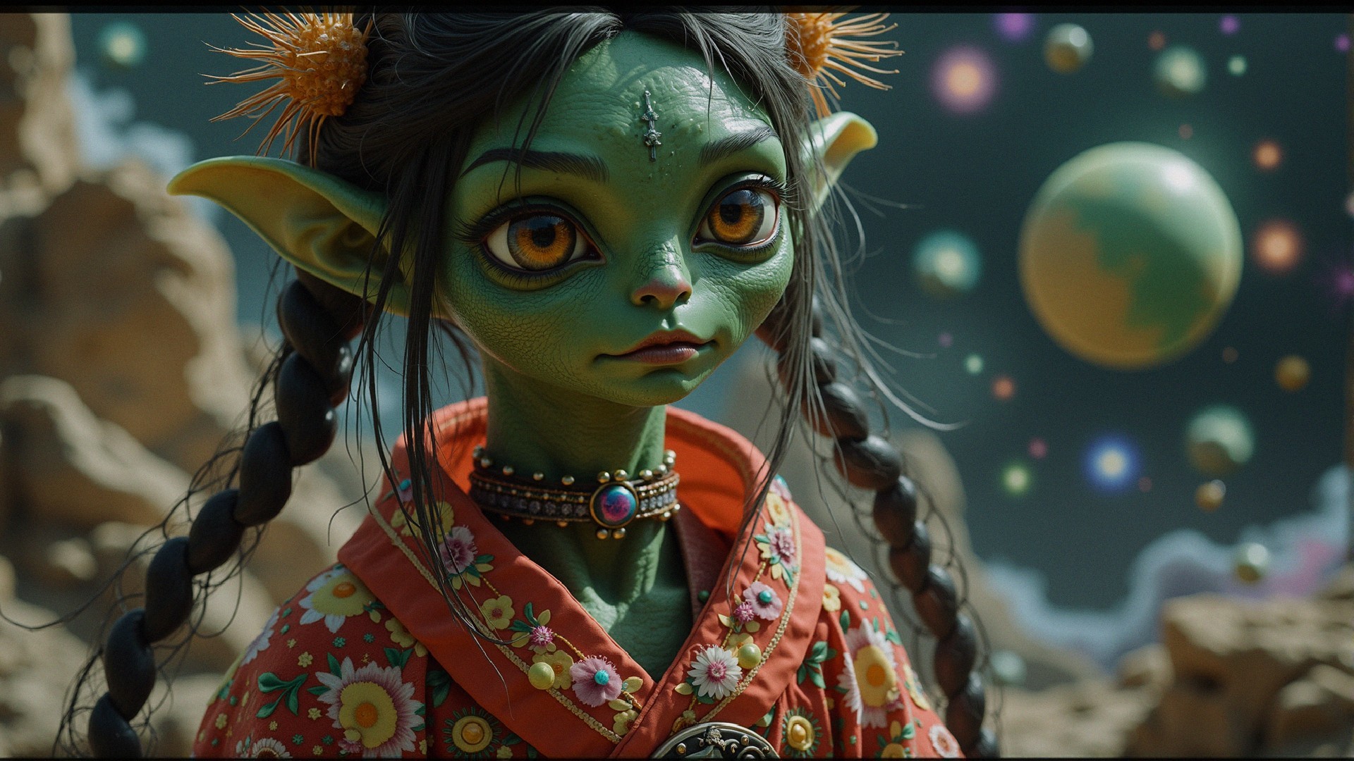 Vibrant Green Character in Cosmic Fantasy Setting