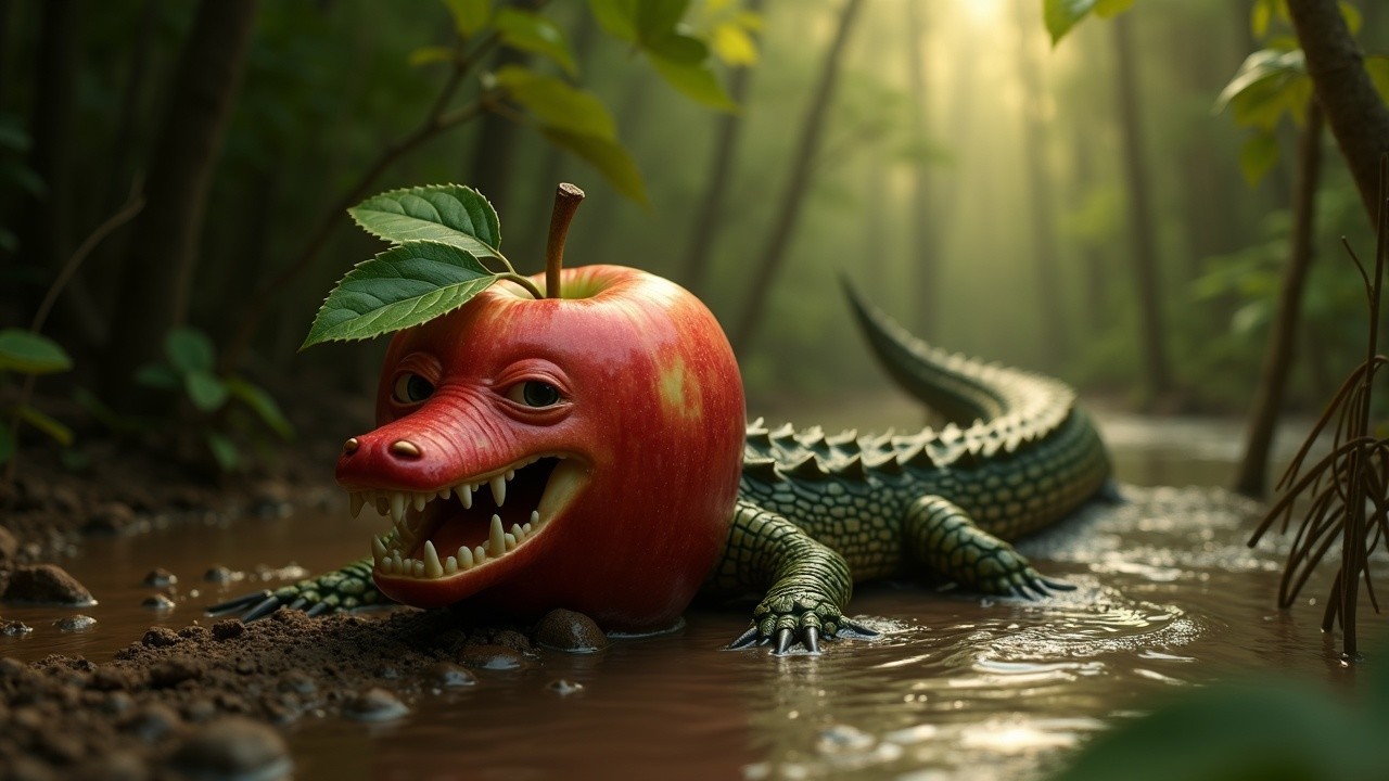 Whimsical Creature of Apple and Crocodile in Forest