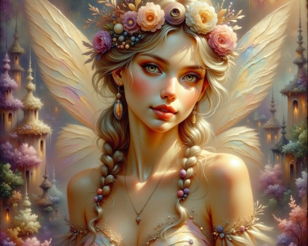 Fairy with Iridescent Wings in Dreamy Landscape