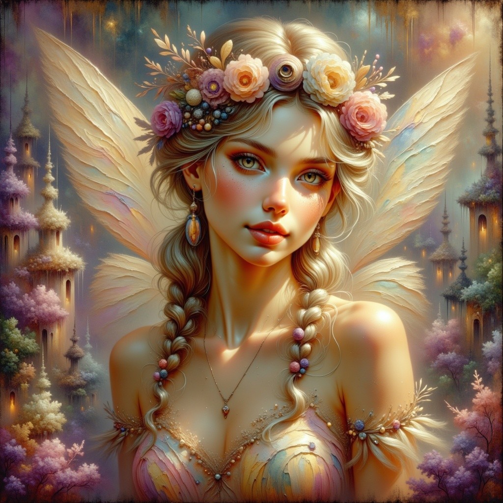 Fairy with Iridescent Wings in Dreamy Landscape