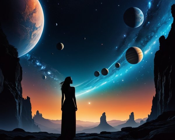 Silhouetted Figure Overlooking Cosmic Landscape