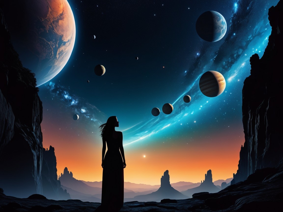 Silhouetted Figure Overlooking Cosmic Landscape