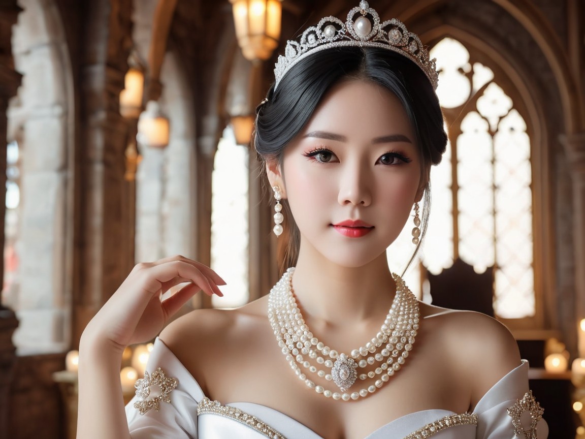 Regal figure in elegant gown within castle setting