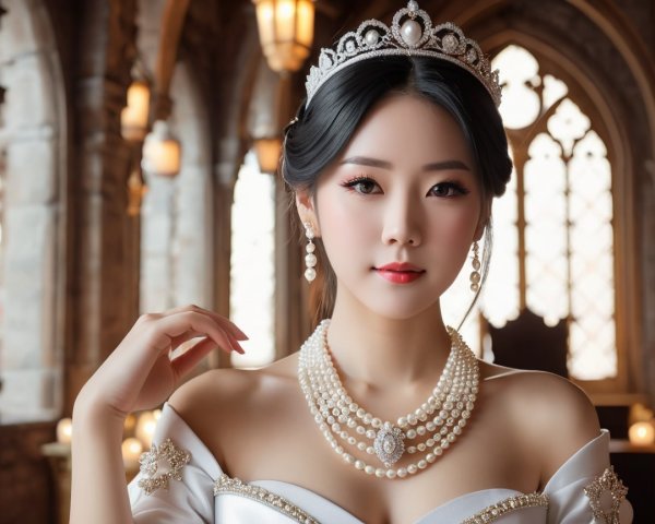 Regal figure in elegant gown within castle setting