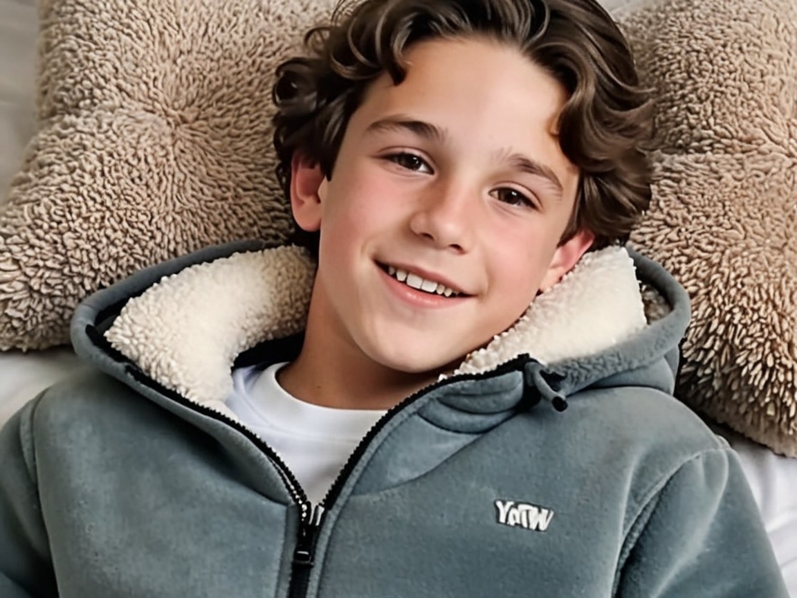 Young boy smiling on a plush bed in cozy attire