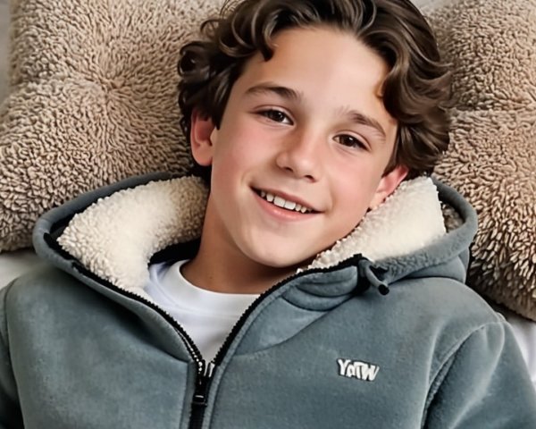 Young boy smiling on a plush bed in cozy attire