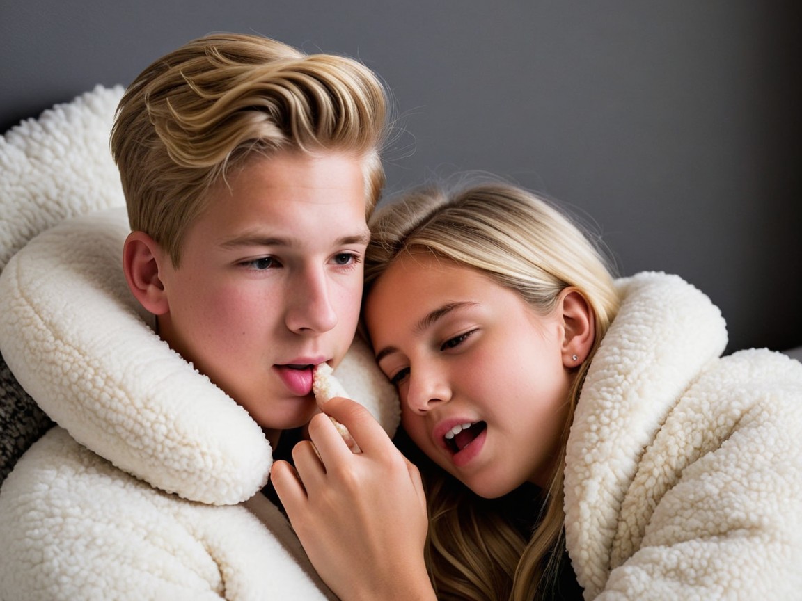 Children Cuddling in Cozy Fluffy Jackets