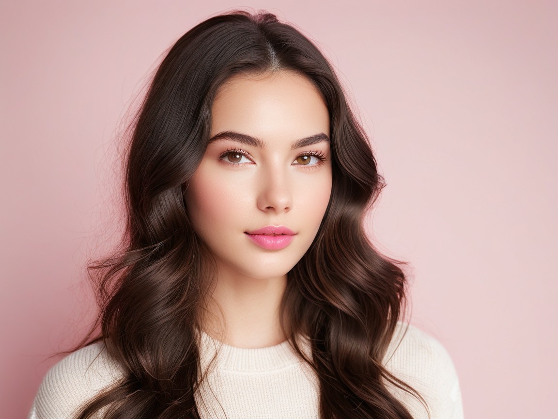 Young woman with dark hair in cozy sweater on pink背景