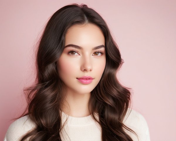Young woman with dark hair in cozy sweater on pink背景