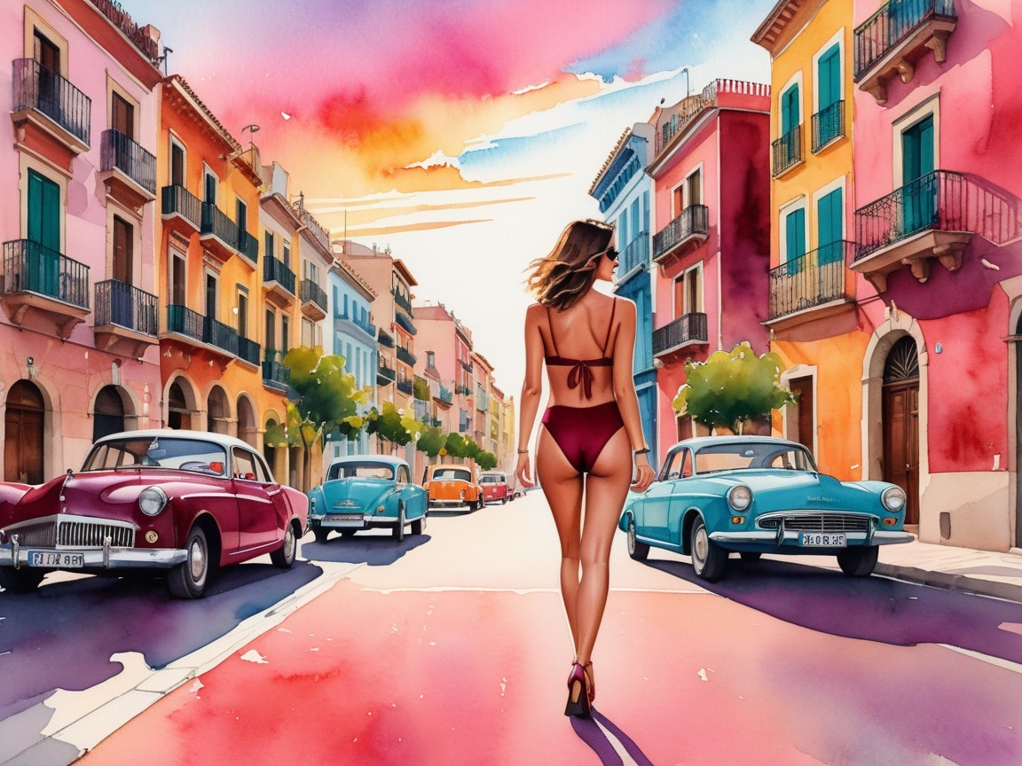 Vibrant street scene with woman in red bikini and vintage cars