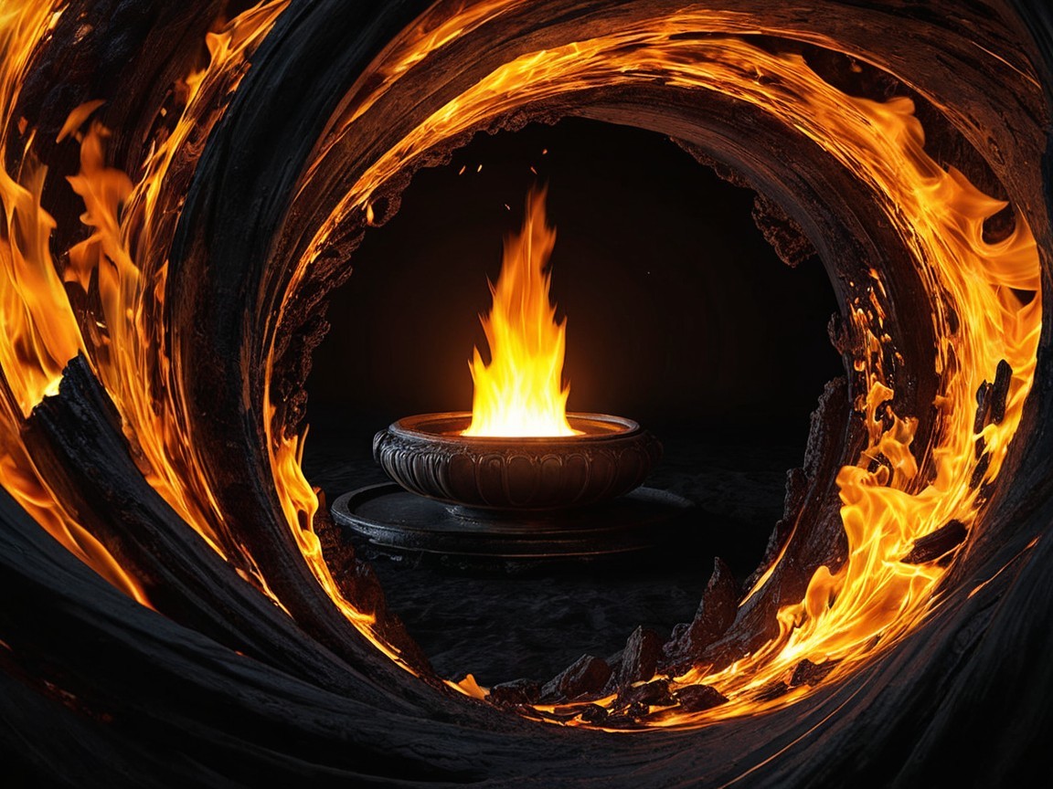 Fiery Blaze in Dark Rock Formations Underground