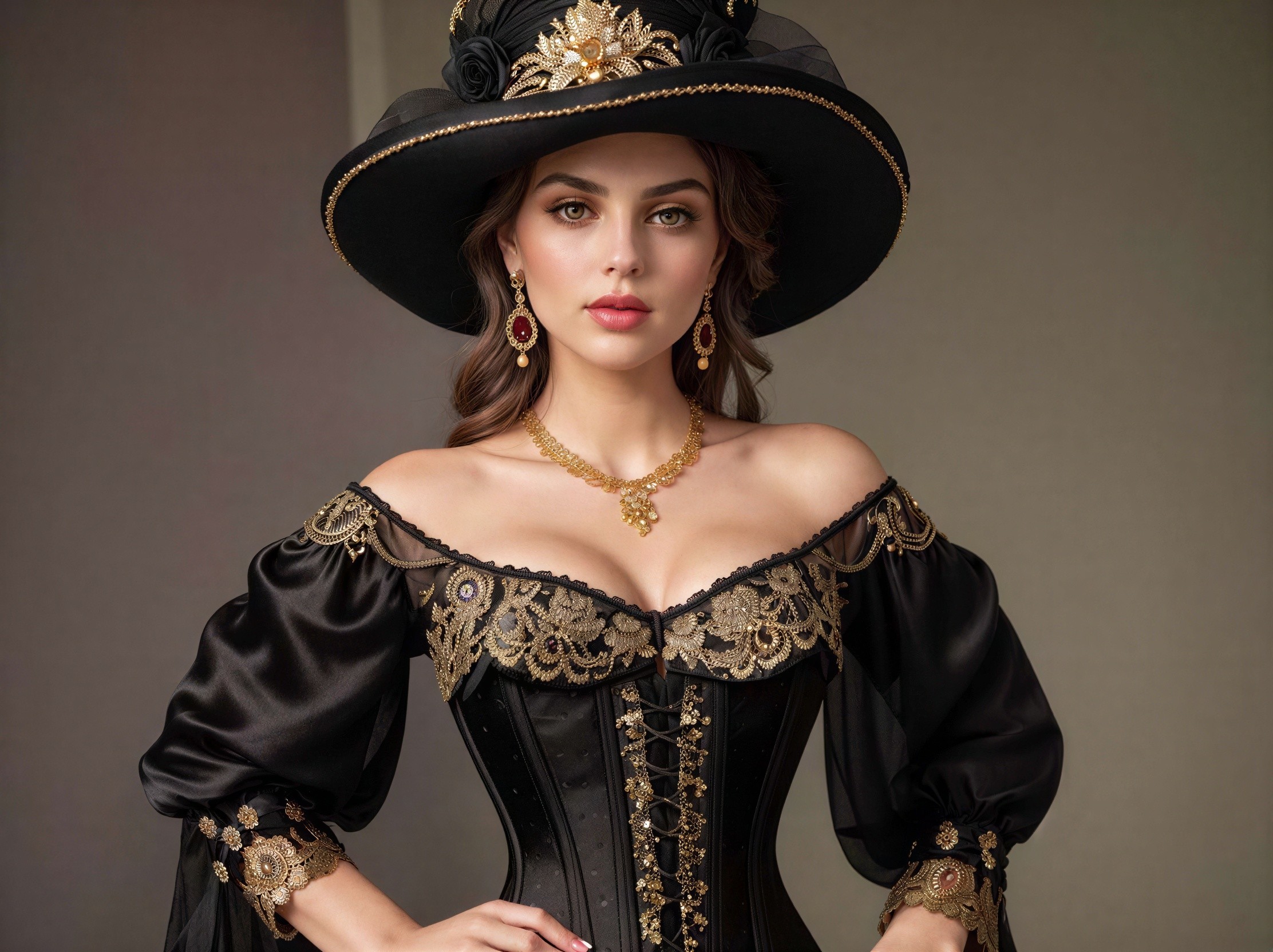 Portrait of Woman in Historical Black Outfit with Gold Accents