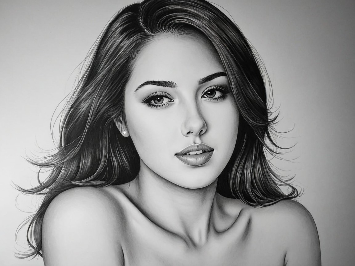 Black and white portrait of a young woman with flowing hair