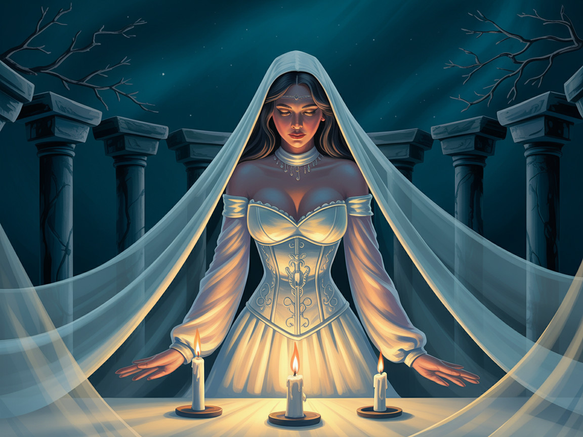 Mystical Woman in Off-Shoulder Dress with Candles
