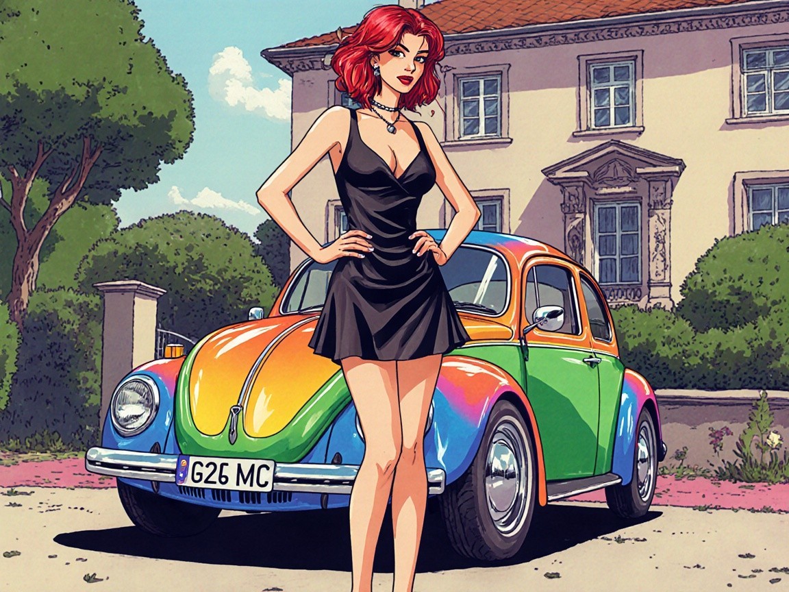 Vibrant Scene of Woman with Vintage Car and House