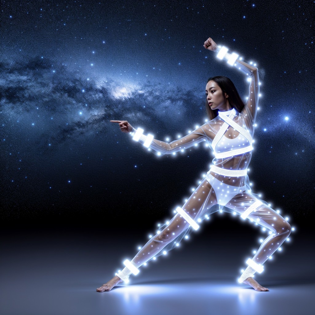 Dynamic Figure in Cosmic Backdrop with Luminous Lines
