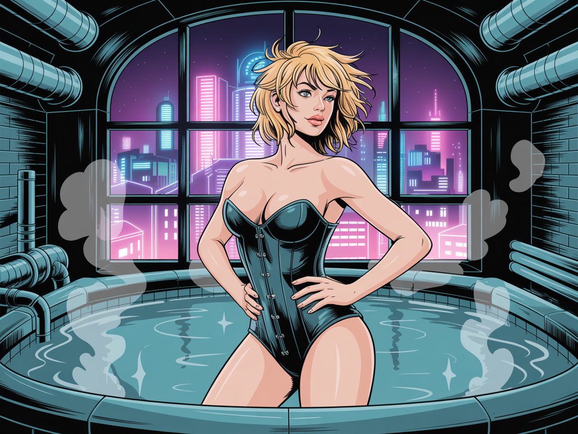 Confident Woman in Black Swimsuit by City Hot Tub