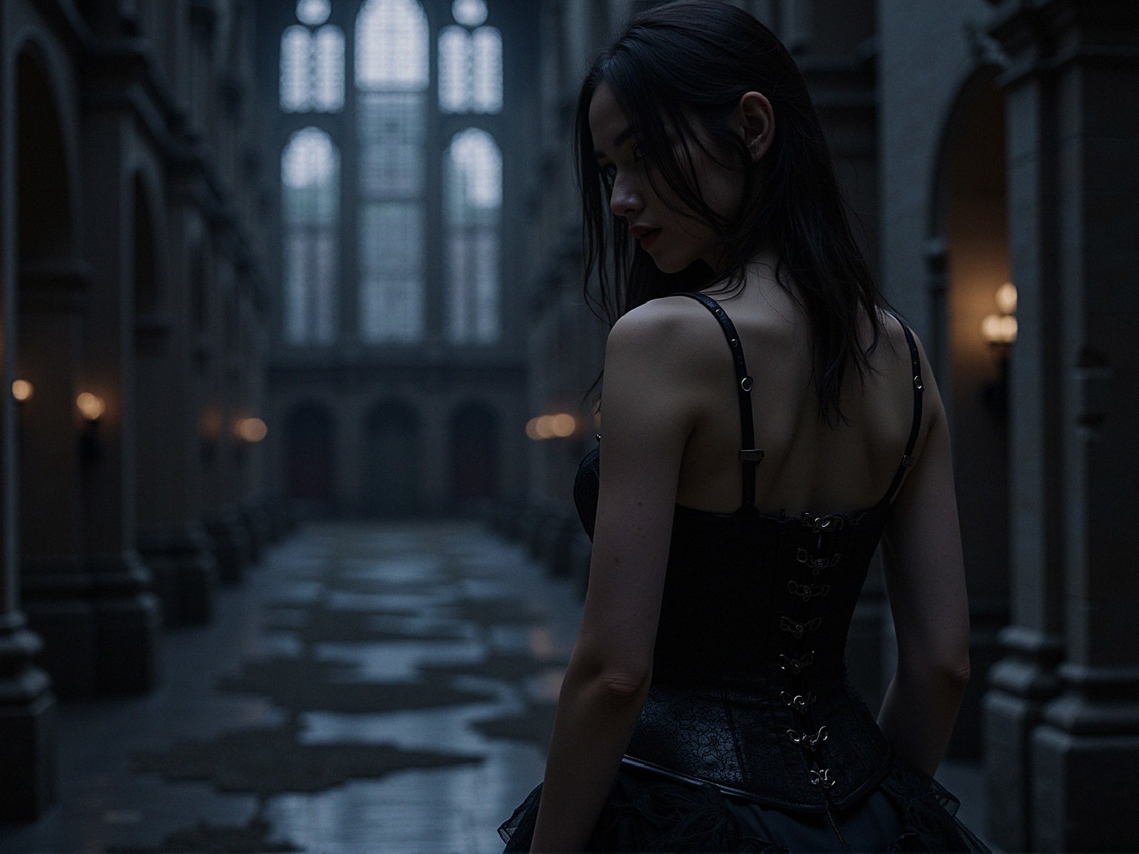 Mysterious Figure in Gothic Hallway with Corset Dress
