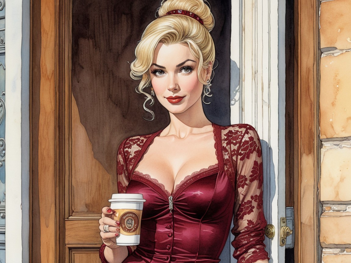 Glamorous Woman in Maroon Lace Bodice at Doorway
