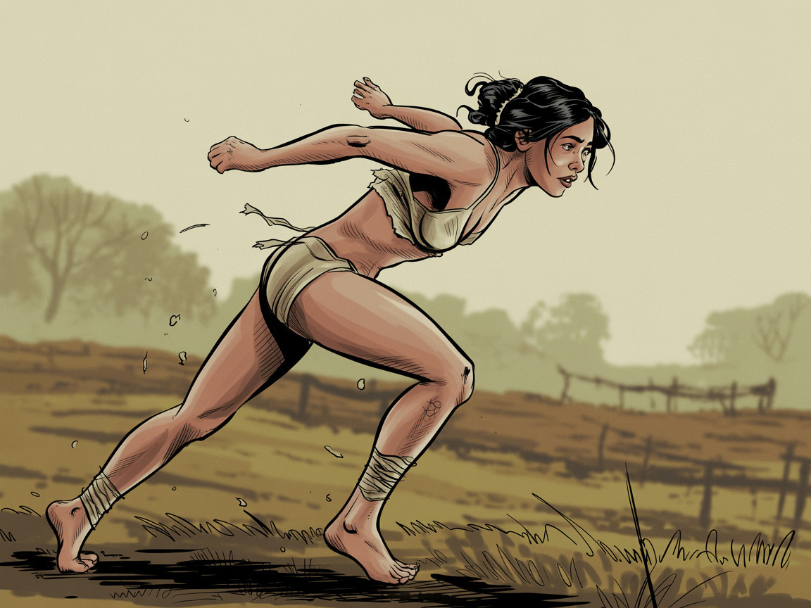 Young woman sprinting across an open field landscape