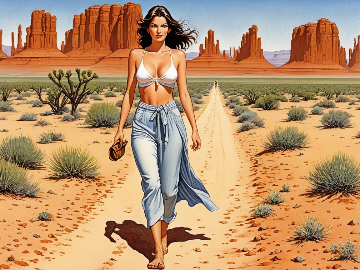 Woman in Bikini Walking Through Desert Landscape