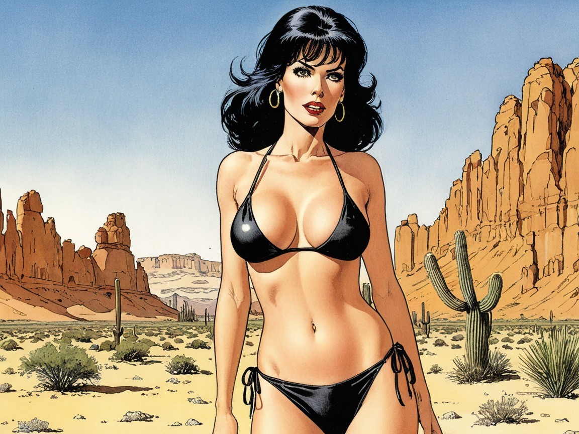 Confident Woman in Black Bikini in Desert Landscape