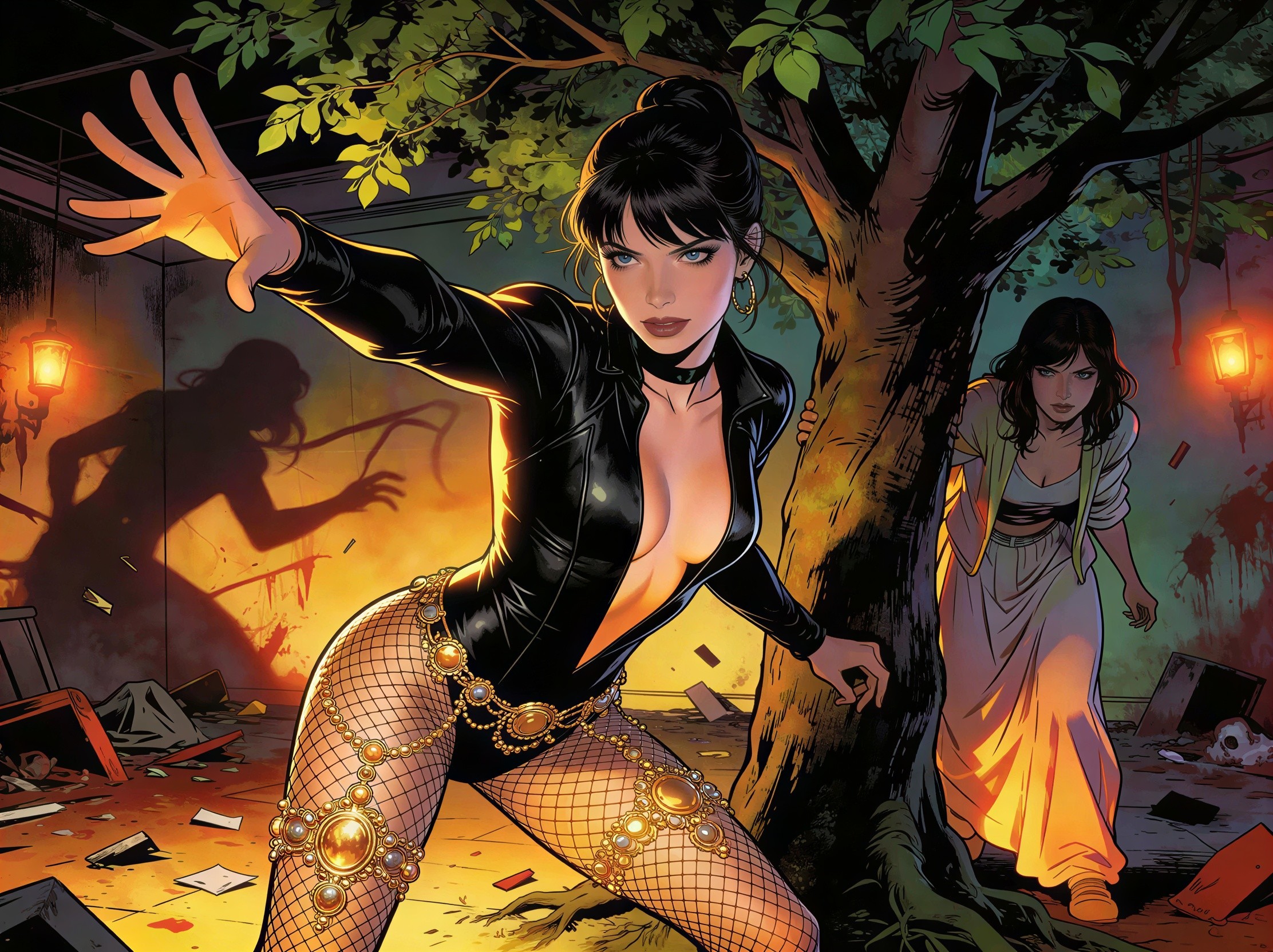 Two females in a dimly lit, destroyed room setting