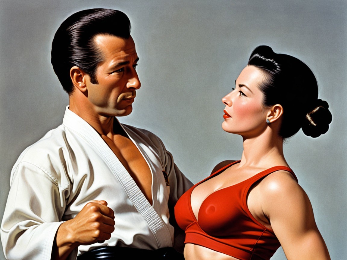 Karate Practitioners in Intense Face-Off Stance
