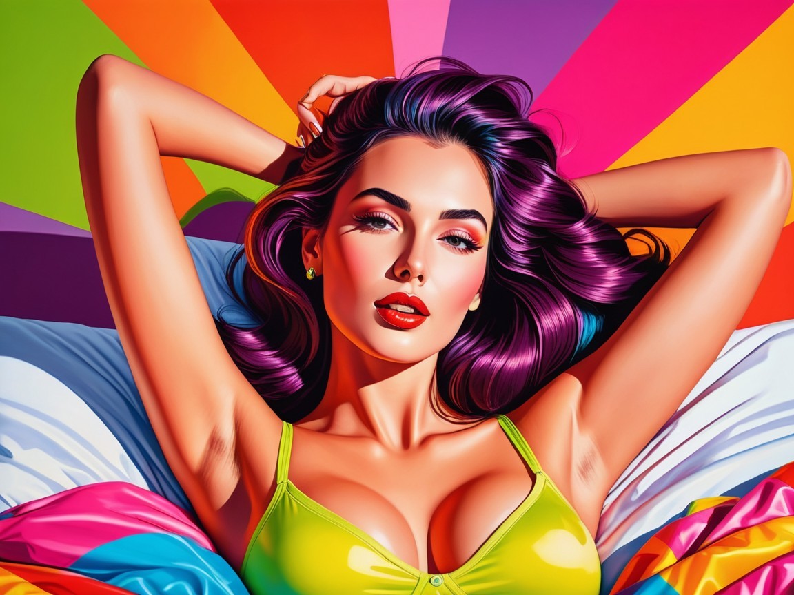 Confident Woman on Colorful Bedspread with Purple Hair