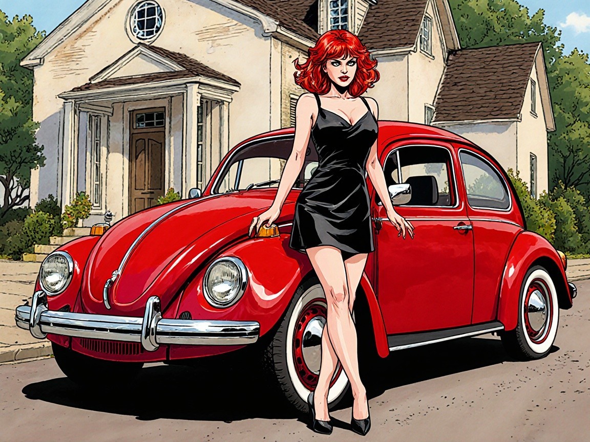 Stylish Woman with Red Hair by Classic Volkswagen Beetle