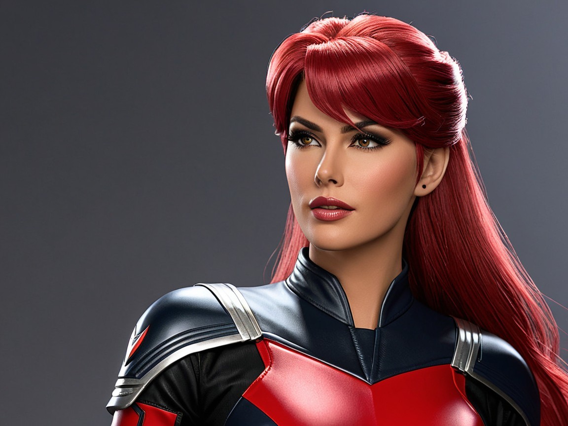 Confident Woman in Futuristic Superhero Costume