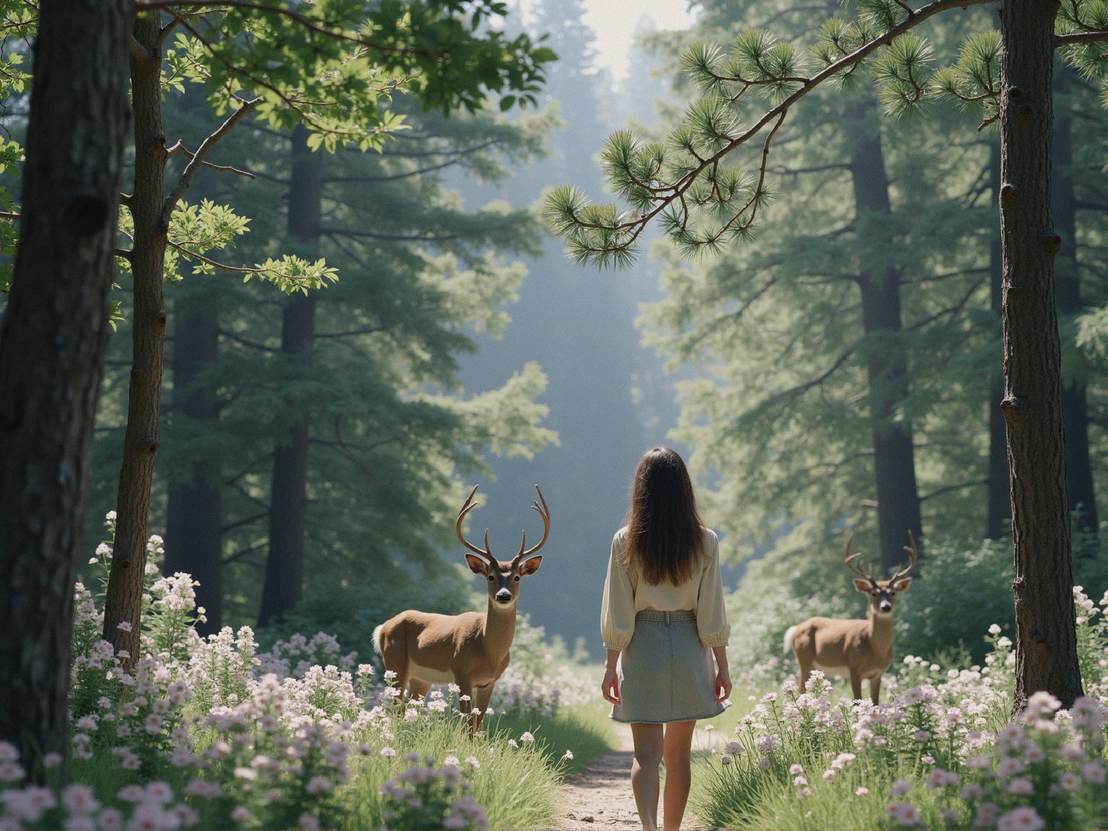 Young Woman Walking in Lush Forest with Deer and Flowers