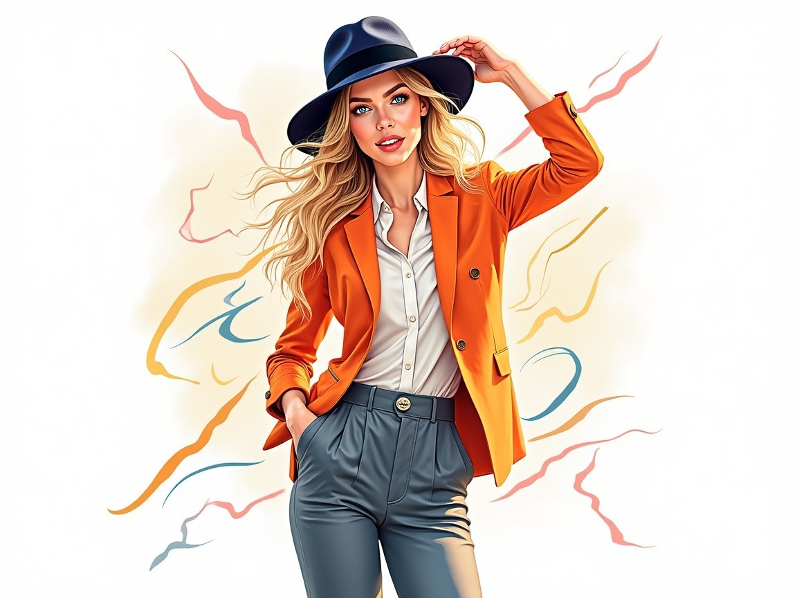 Stylish Woman in Orange Blazer with Abstract Background