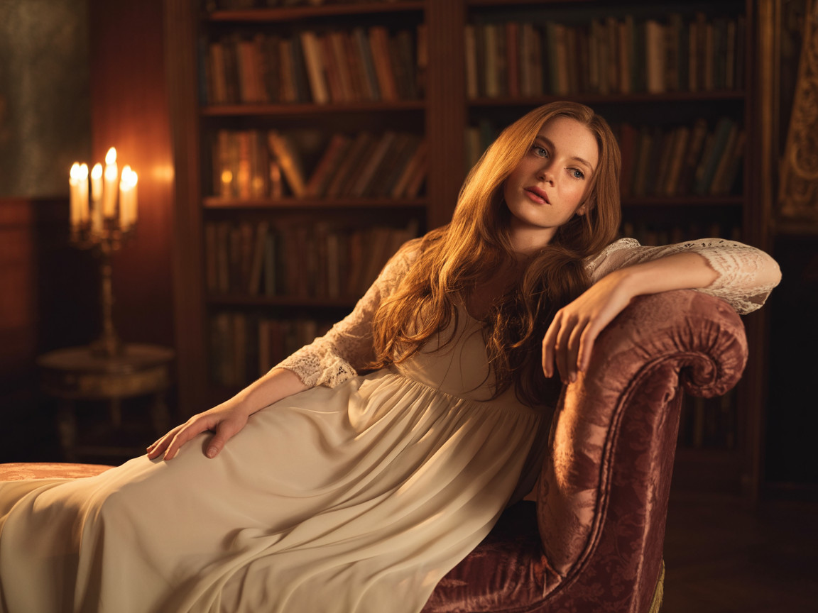 Young Woman in Vintage Library with Candlelight Ambiance