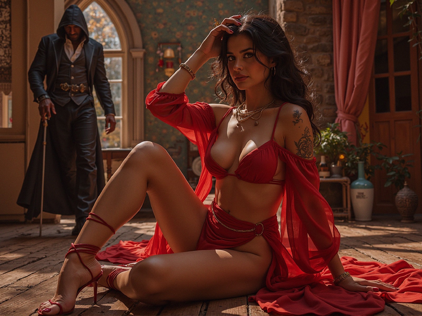 Woman in red attire poses on wooden floor with tattoos