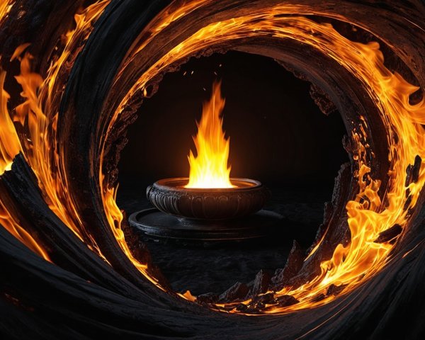 Fiery Blaze in Dark Rock Formations Underground