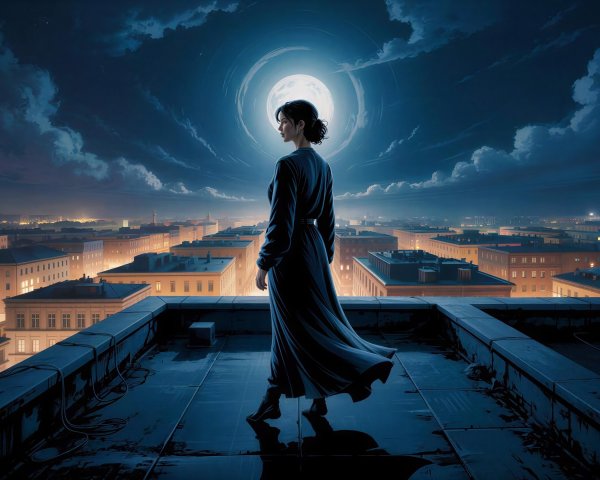 Woman in Blue Dress on Rooftop Under Full Moon