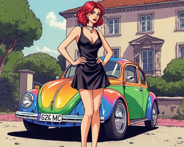 Vibrant Scene of Woman with Vintage Car and House