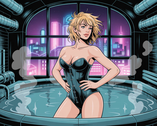Confident Woman in Black Swimsuit by City Hot Tub