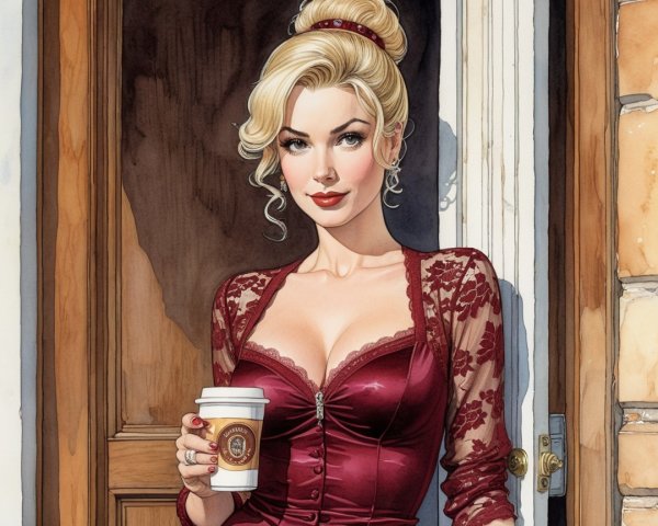 Glamorous Woman in Maroon Lace Bodice at Doorway