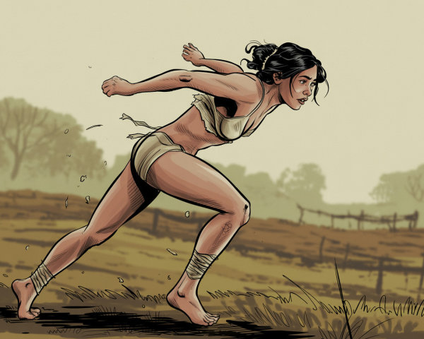 Young woman sprinting across an open field landscape