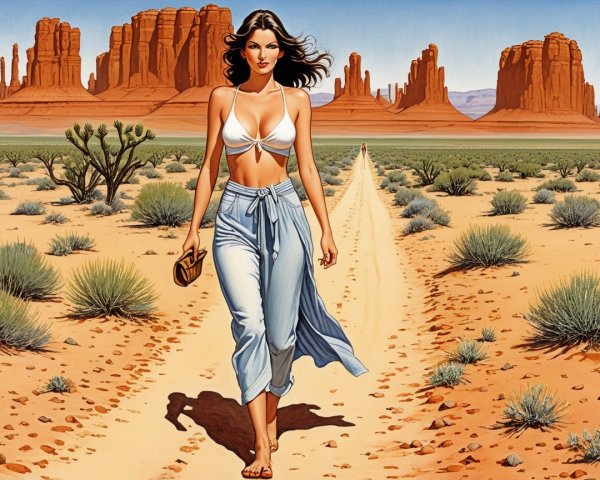 Woman in Bikini Walking Through Desert Landscape