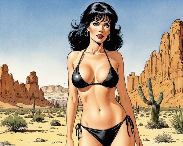 Confident Woman in Black Bikini in Desert Landscape