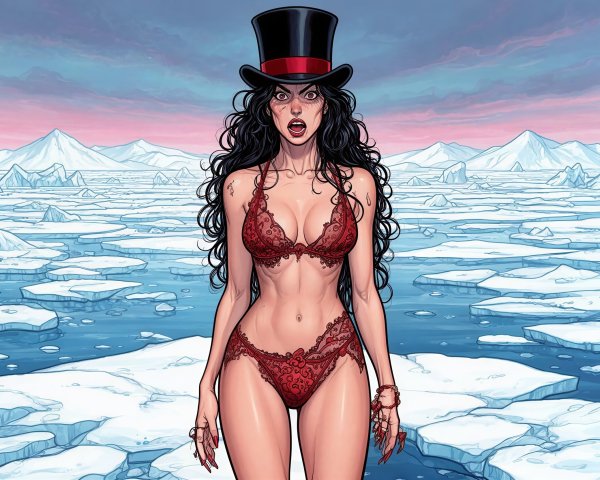 Comic-Style Illustration of a Woman in Icy Landscape