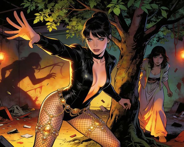 Two females in a dimly lit, destroyed room setting