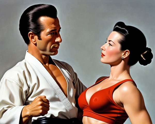 Karate Practitioners in Intense Face-Off Stance