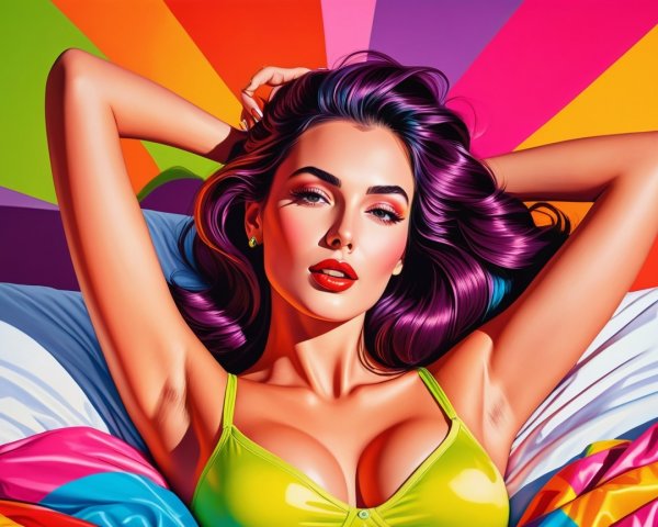 Confident Woman on Colorful Bedspread with Purple Hair