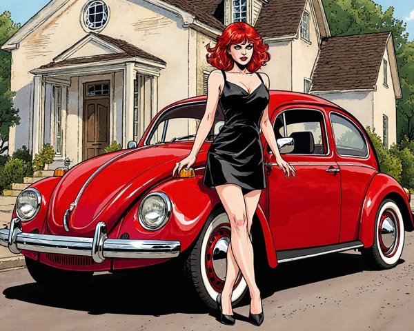 Stylish Woman with Red Hair by Classic Volkswagen Beetle