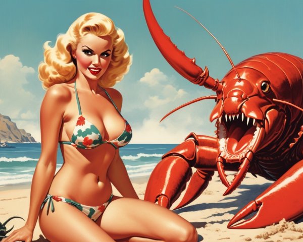 Retro Beach Scene with Cheerful Woman and Lobster