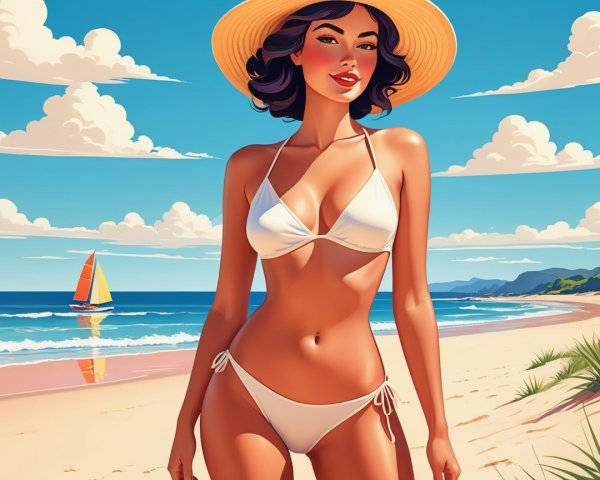 Smiling Woman in Bikini on Sunny Beach with Boat